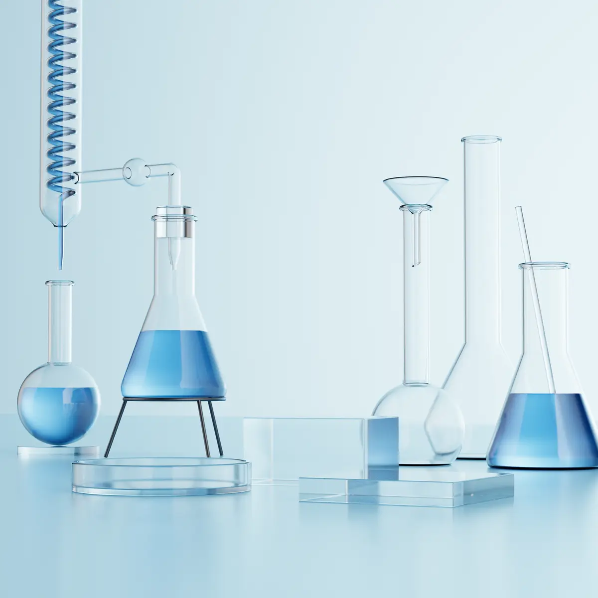 Clear laboratory glassware with pale blue liquids, arranged in soft light.